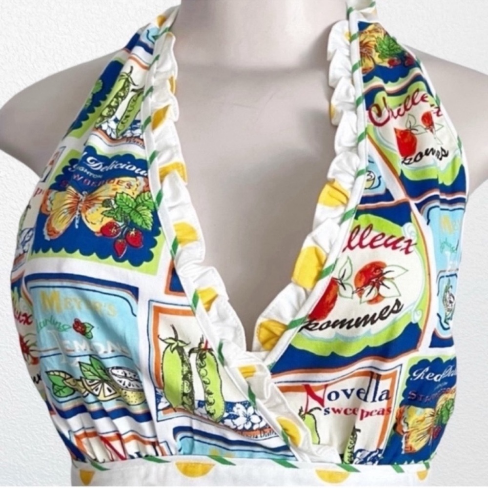New Anthropologie Kitchen Vintage Inspired Ruffle Pinafore Apron OS White/Multi - Picture 3 of 13